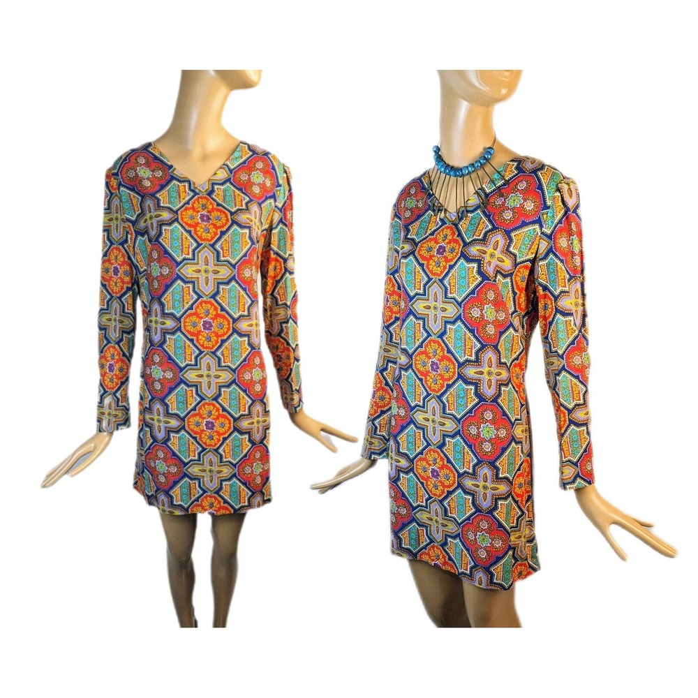 60s Mod vintage psychedelic long sleeve mini‎ dress puff sleeve babydoll dress